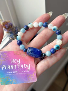 Eye of Horus - Lapis Focal -8mm Aquamarine + Lapis Lazuli + Rainbow Moonstone + Nakaurite - Gemstone Bracelet