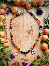 Load image into Gallery viewer, 🎃 Trick-or-Treat - 16” Choker - 8mm Carnelian, Mystic Tigers Eye, Melon Agate, Mystic Smoky Quartz, Onyx - Artisan Ceramic Candy Corn, Pumpkin, Ghost Charms