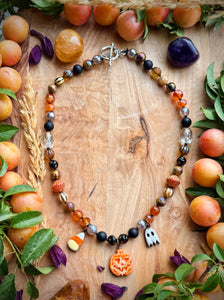 🎃 Trick-or-Treat - 16” Choker - 8mm Carnelian, Mystic Tigers Eye, Melon Agate, Mystic Smoky Quartz, Onyx - Artisan Ceramic Candy Corn, Pumpkin, Ghost Charms