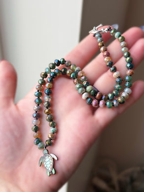 Shell of Serenity- 18” Necklace - 6mm Mystic Fancy Jasper + Black Shell Carved Sea Turtle
