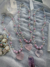 Load image into Gallery viewer, Heart of the Fae - 16” Choker  - 8mm - Aura Quartz + Kunzite - Rose Quartz Heart Focal