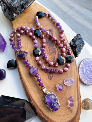 Seance - Gem Lepidolite + Velvet Fluorite + Amethyst Rondelle - Black Tourmaline Accents + Amethyst Skull - Knotted Lariat Necklace