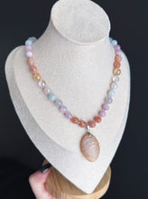Load image into Gallery viewer, Joy in Bloom - 16” Choker  - 8mm - Peach Moonstone, Kunzite, Aquamarine, Aura Citrine, Aura Rose Quartz, Aura Quartz, Blue Chalcedony - Peach Moonstone Focal