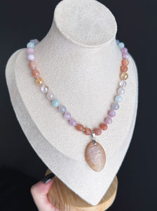 Joy in Bloom - 16” Choker  - 8mm - Peach Moonstone, Kunzite, Aquamarine, Aura Citrine, Aura Rose Quartz, Aura Quartz, Blue Chalcedony - Peach Moonstone Focal