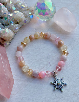 Snow Globe Bracelet - Citrine + Kunzite + Mystic Moonstone + Rose Quartz + Pink Mother of Pearl - Snowflake Charm