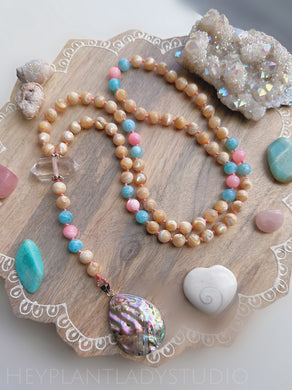 Serene Shores- Golden Mother of Pearl, Pink Mother of Pearl, Aqua Fire Agate - Quartz + Abalone Shell - Knotted Lariat Necklace