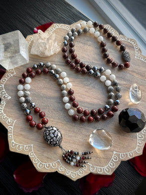 Yule Ember - 8mm Poppy Jasper, Moonstone, Terahertz, Silver Leaf Jasper - 108 Mala Necklace - CZ Focal - Garnet Tassel