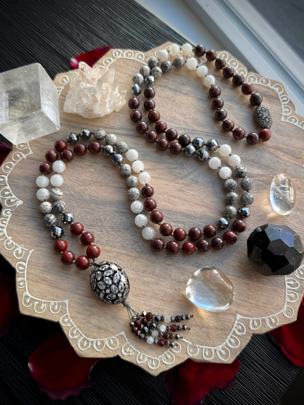 Yule Ember - 8mm Poppy Jasper, Moonstone, Terahertz, Silver Leaf Jasper - 108 Mala Necklace - CZ Focal - Garnet Tassel