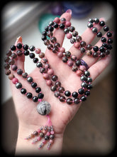 Load image into Gallery viewer, *RESERVED ** Quiet Strength - Rhodonite + Onyx + Smoky Obsidian + Hematite - 108 Mala Necklace - Tourmaline Quartz Focal