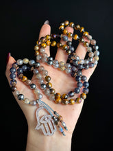 Load image into Gallery viewer, Gilded Vision - 108 Mala Necklace (39”)- 8mm Mystic Tigers Eye, Iolite, Chocolate Moonstone, Mystic Silverite, Terahertz, Czech Glass - Hematite Czech Glass Focal