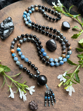 Soul Armor - Kyanite, Hematite, Jasper, Larvikite - 108 Mala Necklace - Onyx Focal