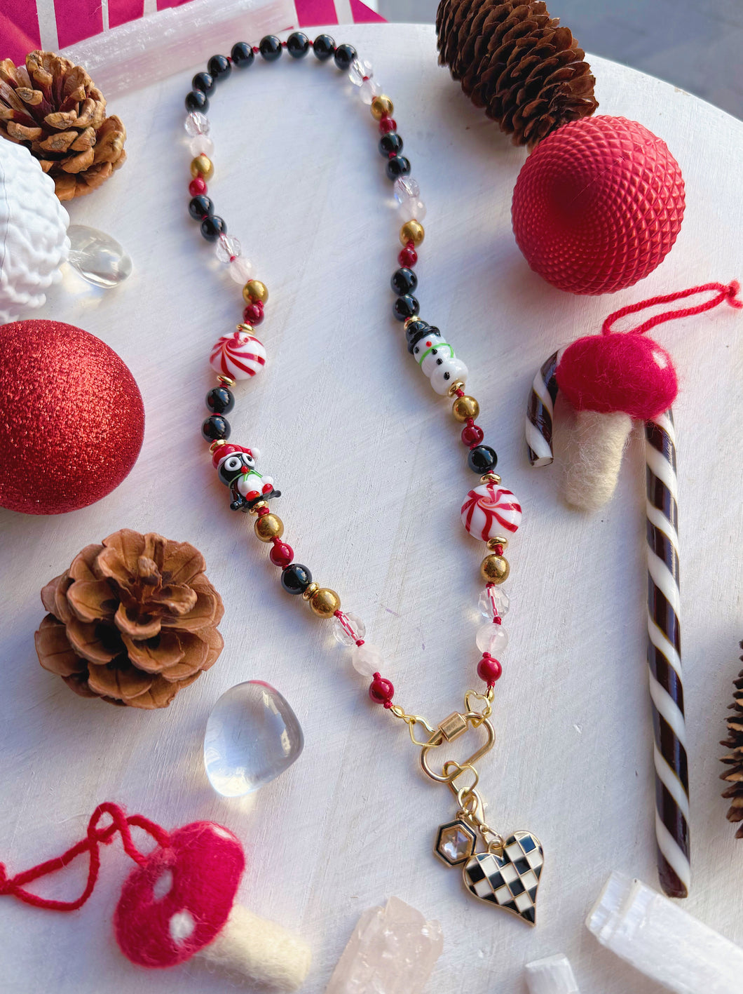 Holly Jolly Christmas - 21” Necklace - Faceted Agate + Preciosa Crystals + Onyx + Red Quartz + Lampwork Glass