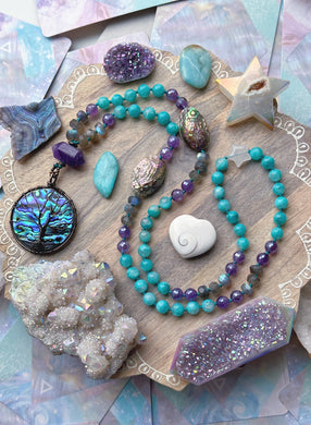 Tropical Waves - Abalone Shell + Aura Amethyst + Quartz Star + Aqua Amazonite + Labradorite - Knotted Necklace