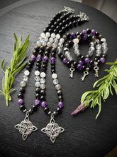 Load image into Gallery viewer, Witch’s Knot Protection Necklace 18” Onyx, Amethyst, Indigo Gabbro, Moonstone, Hematite, Labradorite, Clear Quartz, Smoky Quartz