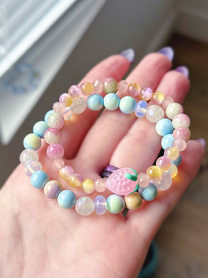 RESERVED - Sugar Stack - (2) Bracelet Set  - 8mm Watercolor Agate, Mystic Rose Quartz, Opalite, 6mm Selenite, Flower Jade & Strawberry Accent