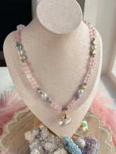 Load image into Gallery viewer, Sandcastle - 19” Necklace - 8mm Rose Quartz, Mother of Pearl Stars, Czech Glass + Shell Focal