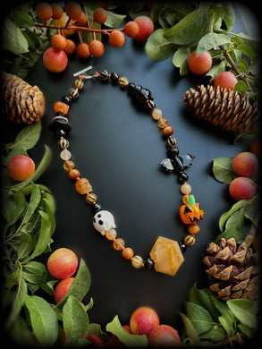 Halloweentown - 16” Choker - Onyx, Striped Agate, Citrine, Orange Tigers Eye, Mystic Golden Healer - Carved Skulls - Lampwork Halloween Beads