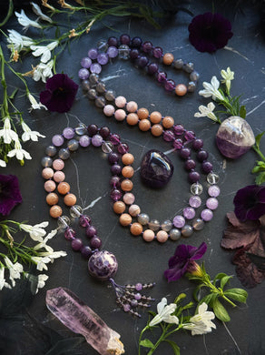 The Violet Veil Mala - 8mm - Lepidolite, Purple Fluorite, Clear Quartz, Peach Moonstone, Kunzite, Gray chalcedony, Lavender Amethyst - 108 Mala Necklace - Amethyst Focal