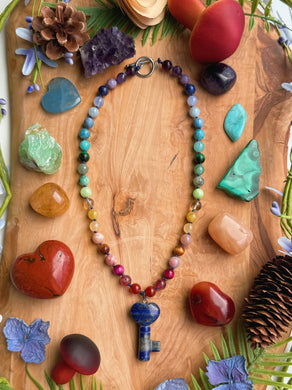 Spectrum Portal - 16” Choker - 8mm Vubrant Gem Rainbow - Lapis Lazuli Key Pendant