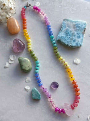 RESERVED - Sunburst - 20” Necklace - 8mm Candy Jade, Quartz, Jasper Rondelle + Rose Quartz Pendant