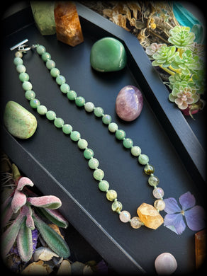 Luna Moth  - 16” Choker - Mystic Aventurine + Prehnite + Mystic Pink Healer + Citrine - Citrine Pendant