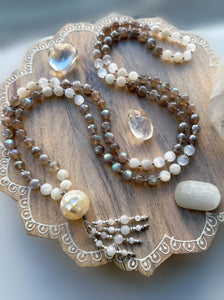 Peaceful Spirit - Labradorite, Moonstone, Selenite, Mystic Smoky Quartz - Mother of Pearl Focal - 108 Mala Bead Necklace