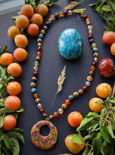 Load image into Gallery viewer, 🍁 Autumn Rhapsody - 20”Necklace - 8mm Apple Jasper, Carnelian, Apatite, Mystic Tigers Eye, Melon Agate, Green Garnet, Mystic Smoky Quartz, Gold Aura Quartz - 40mm Lampwork Glass Pendant