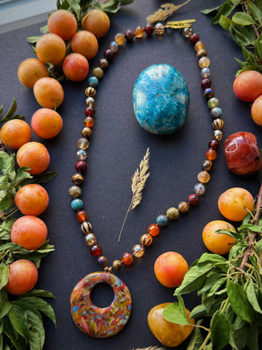 🍁 Autumn Rhapsody - 20”Necklace - 8mm Apple Jasper, Carnelian, Apatite, Mystic Tigers Eye, Melon Agate, Green Garnet, Mystic Smoky Quartz, Gold Aura Quartz - 40mm Lampwork Glass Pendant