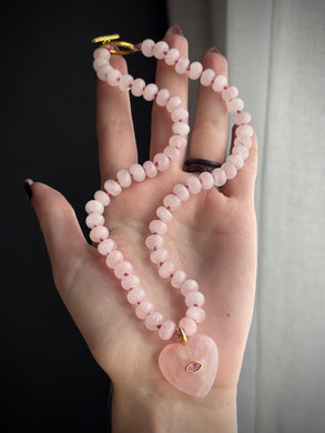 🧞‍♀️Heart of Compassion - 16” Choker - 8mm - Rose Quartz Rondelle + Rose Quartz Heart Focal