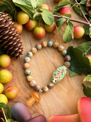 Lizardfolk - Matte Crazy Lace Agate, Green Garnet, Gemstone Bracelet + Lampwork Lizard + Carnelian Mushroom