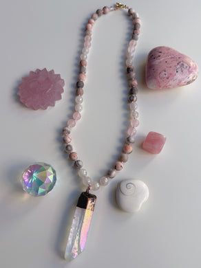 Radiant Aura 21” Necklace - Mystic Rose Quartz, Natural Rose Quartz, Mystic Amethyst - Aura Quartz Pendant