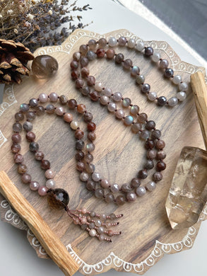 Clear Mind // Positive Thoughts -  108 Mala Bead Necklace - Brown Sunstone, Labradorite,  Mystic Lavender Quartz, Smoky Quartz Focal - Beaded Tassel