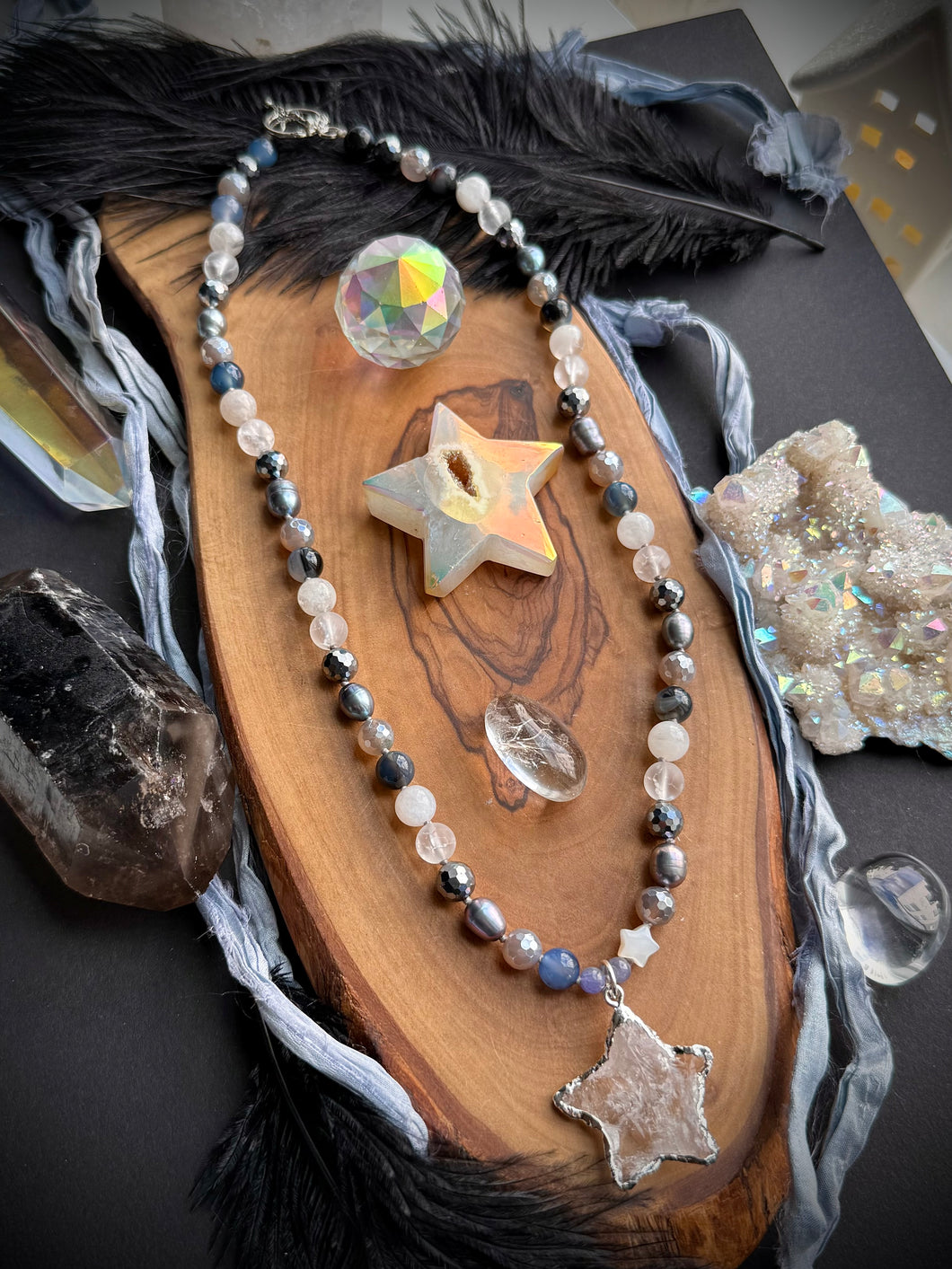 Starry Night - 21” Necklace 8mm Peacock Pearls, Tanzanite, Moonstone, Quartz, Mystic Silverite, Storm Agate, Terahertz + Quartz Star Focal