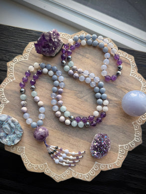 Ethereal Frost - 8mm Angelite, Blue Chalcedony, Purple Tiffany Jasper, Aquamarine, Terahertz, Amethyst, Moonstone - 108 Mala Necklace - Amethyst Focal