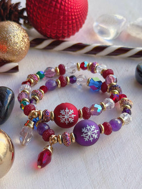 Merry Little Christmas Bracelet - Frosted Snowflake Ornament + Holiday Light Charm + Preciosa Crystal + Amethyst + Czech Glass