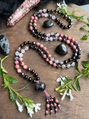 Quiet Strength - Rhodonite + Onyx + Tourmalinated Quartz + Hematite - 108 Mala Necklace - Tourmaline Quartz Focal