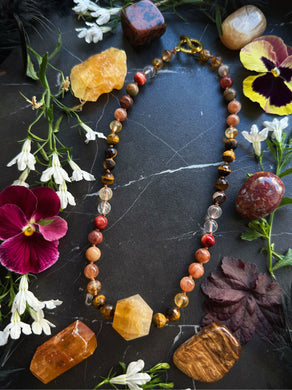 Honey & Flame - 16” Choker  - 8mm - Tigers Eye, Citrine, Sunstone, Golden Healer, Phantom Quartz - Golden Healer Focal