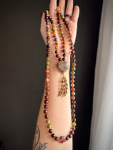 Load image into Gallery viewer, Whispers of Forest Magic 🍂🍁 - 8mm Birds Eye Rhyolite, Green Garnet, Hessonite Garnet, Tigers Eye, - 108 Mala Necklace - Moonstone Heart Focal - Tourmaline Beaded Tassel