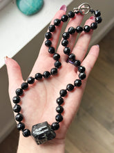 Load image into Gallery viewer, RESERVED - 10mm Bracelet &amp; Mystic Shield - 18” Necklace - 10mm Faceted Onyx + Drilled Black Tourmaline Chunk