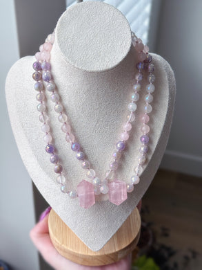 Heart Glow 16” Choker - Mystic Rose Quartz, Aura Rose Quartz, Natural Rose Quartz, Mystic Amethyst - Rose Quartz Point Pendant