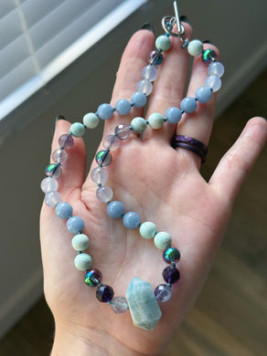 Ocean Angel - 16” Choker  - 8mm - Rainbow Fluorite, Angelite, Blue Chalcedony, Agate, Aura Quartz - Aquamarine Point Focal