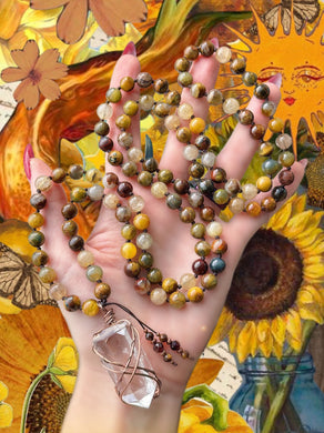 Beacon of Light - Golden Pietersite + Golden Rutile Quartz - Clear Quartz Point - 108 Mala Bead Necklace