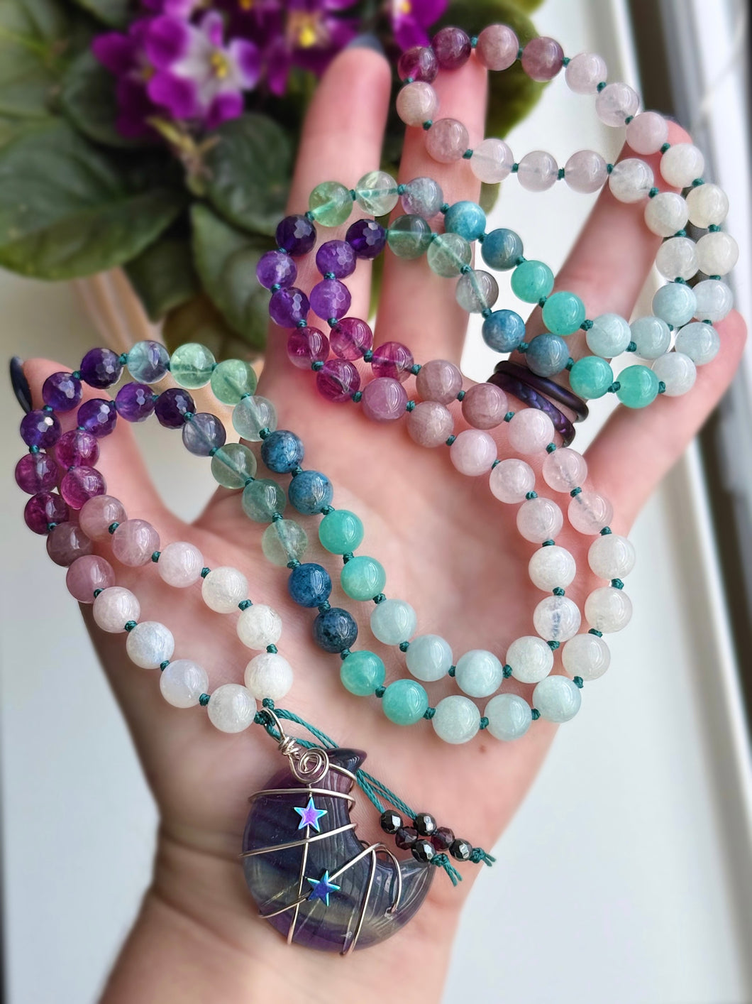 The Dreamer Mala - 8mm - Amethyst, Amazonite, Moonstone, Rose Quartz, Trolleite, Fluorite, Aquamarine - 108 Mala Necklace - Fluorite Moon Focal