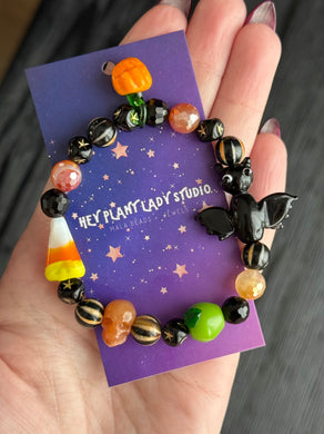 RESERVED - Trick-or-Treat - 8mm Bracelet - Lampwork + Gemstone Stretch Mala Bracelet 8mm