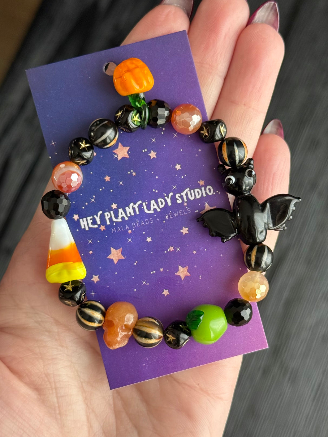 RESERVED - Trick-or-Treat - 8mm Bracelet - Lampwork + Gemstone Stretch Mala Bracelet 8mm