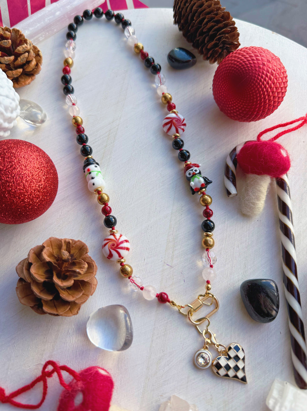 Holly Jolly Christmas - 21” Necklace - Faceted Agate + Preciosa Crystals + Onyx + Red Quartz + Lampwork Glass