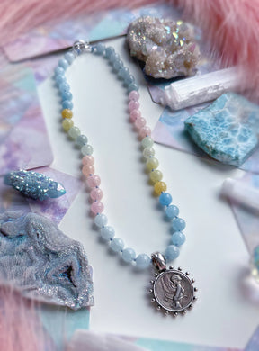 Faeries Kiss - 18” Necklace - 8mm Mixed Beryl + Fairy Coin Pendant