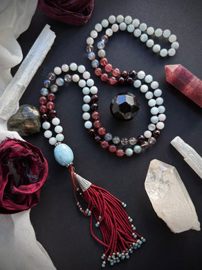 Soraya of the Sea - 8mm - Aquamarine, Moonstone, Garnet, Strawberry Quartz, Labradorite, Clear Quartz - 108 Mala Necklace - Aquamarine Focal + Red Beaded Tassel