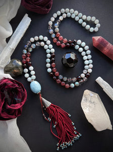 Soraya of the Sea - 8mm - Aquamarine, Moonstone, Garnet, Strawberry Quartz, Labradorite, Clear Quartz - 108 Mala Necklace - Aquamarine Focal + Red Beaded Tassel