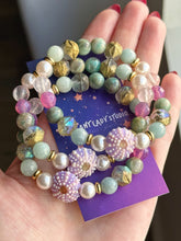 Load image into Gallery viewer, Sassy Sea Urchin - 8mm Aquamarine, Amazonite, Rose Quartz, Czech Glass - Lampwork Urchin Focal - Stretch Mala Bracelet